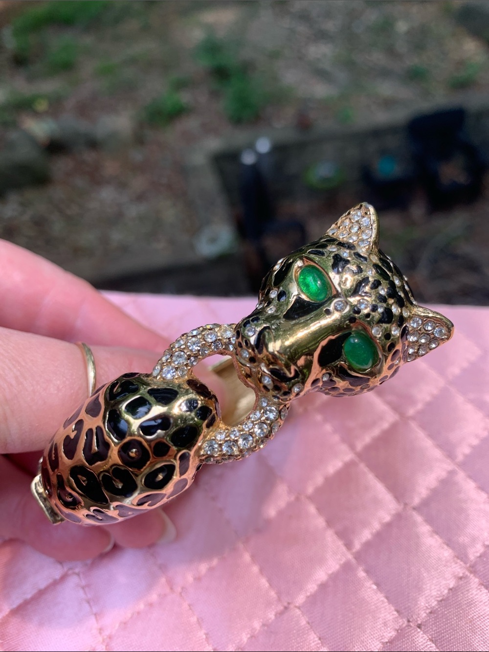 Ciner Leopard Hinged Bracelet with Swarovski Crystals and Green Cabochon Eyes